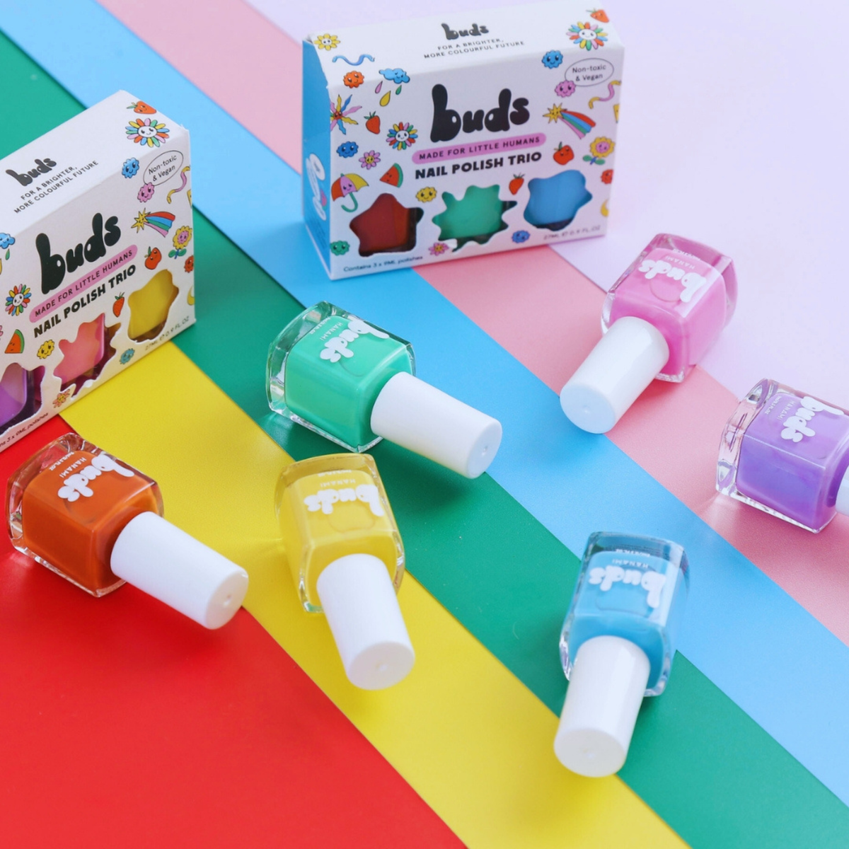 Buds kids non-toxic nail polish bottles in assorted colours