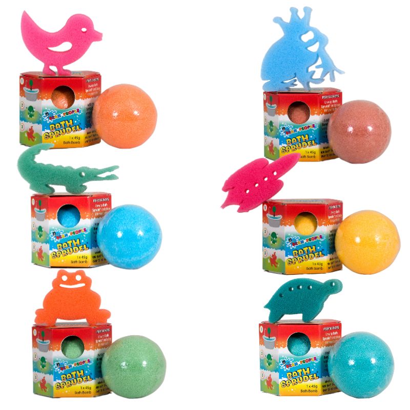 Kids bath bomb Sprudels stacked with their colourful sponge toys