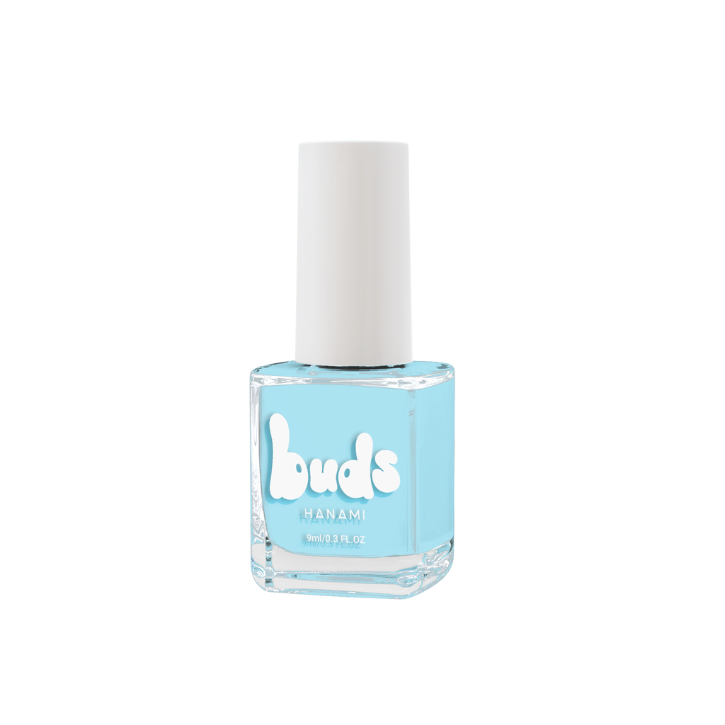 Cloud pastel blue Buds kids nail polish bottle on a white background