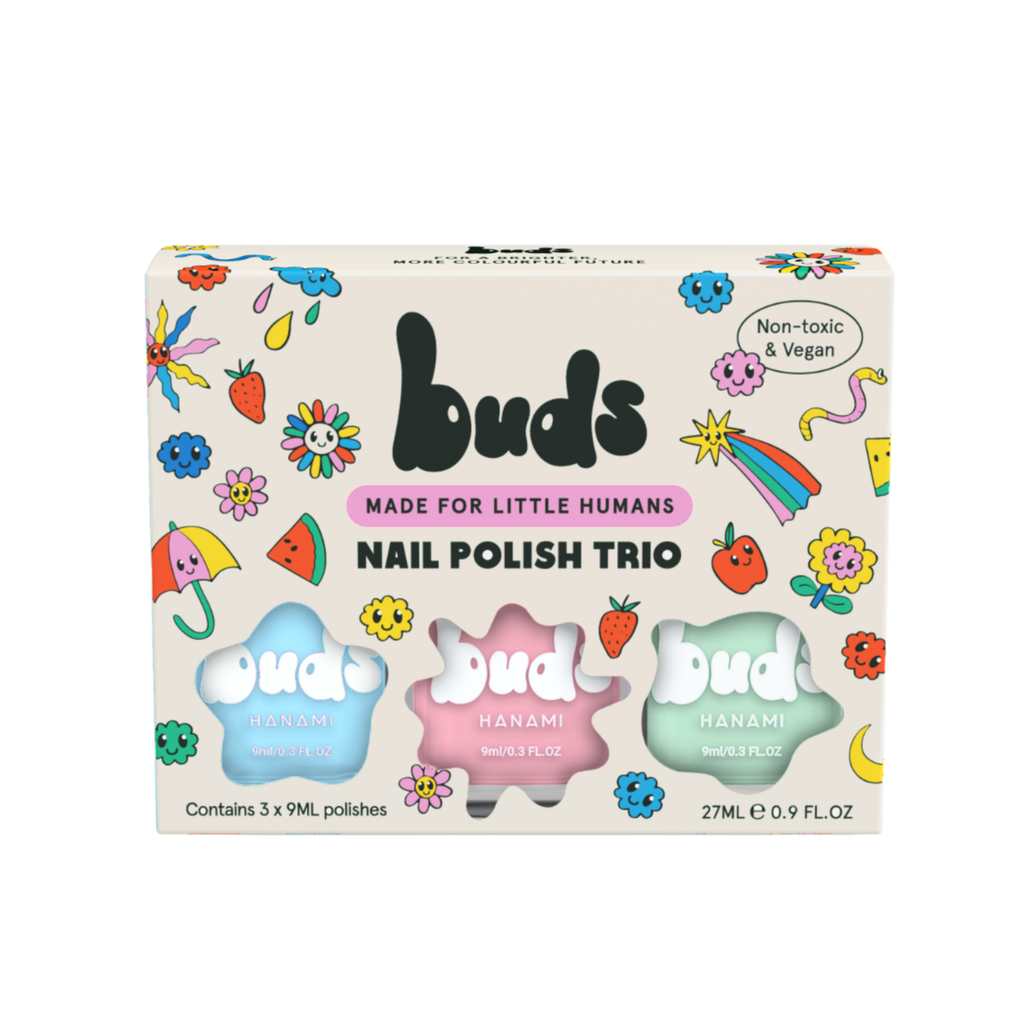 Buds Wink nail polish trio box with blue, pink and mint green kids nail polishes