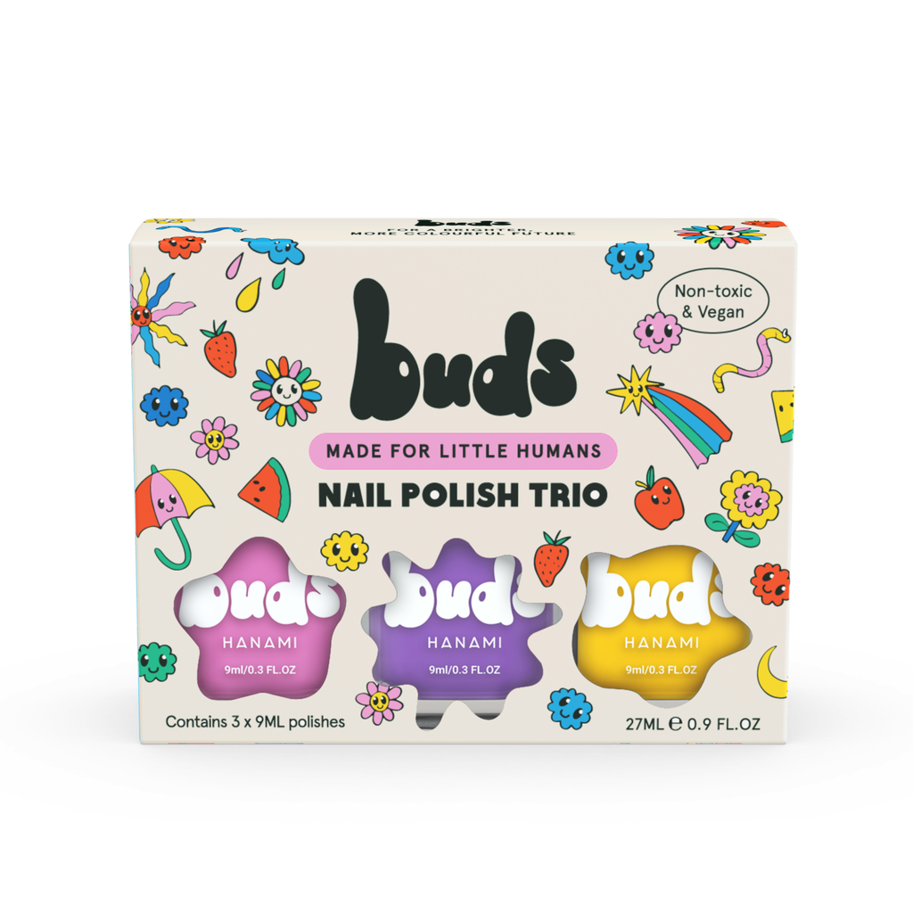 Buds Fizz nail polish trio box with pink, purple and yellow kids nail polishes