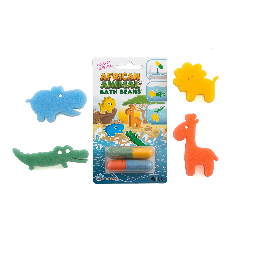 African Animals Bath Beans pack with hippo, crocodile, lion and giraffe sponge toys