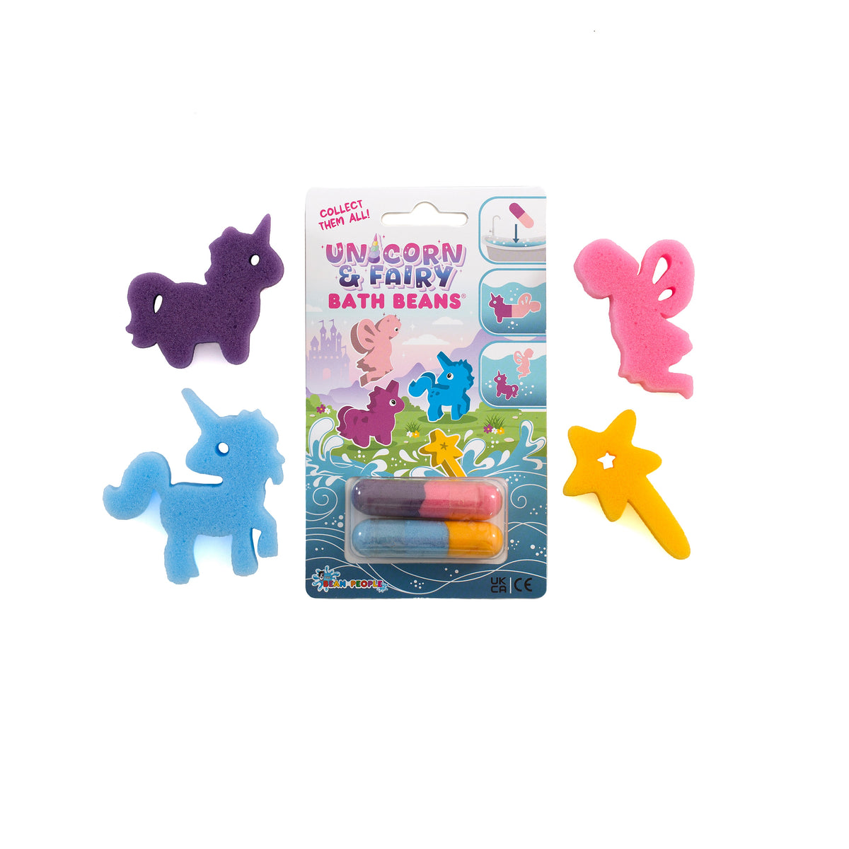Unicorn & Fairy Bath Beans pack with unicorn, fairy and wand sponge toys