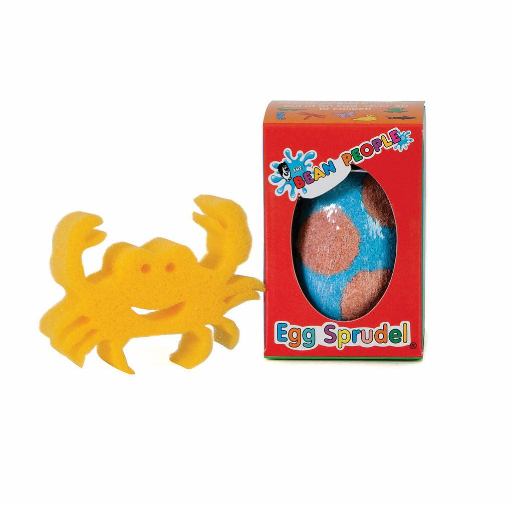 Egg Bath Bomb Sprudel in red packaging with a yellow crab sponge toy