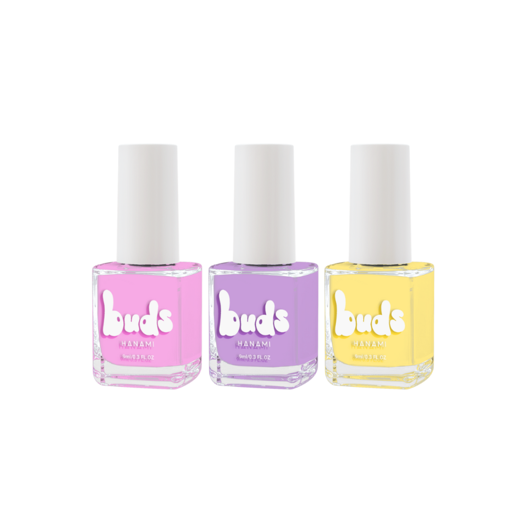 Buds Fizz trio of kids nail polishes in pink, purple and yellow