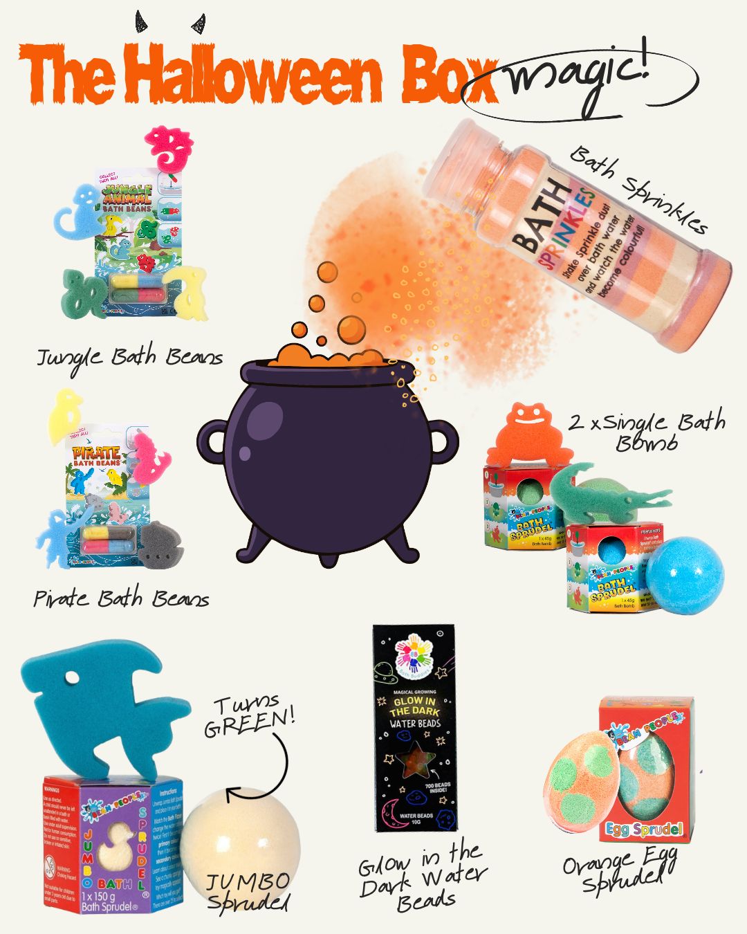 products included in the Halloween Bargain Bath Bomb Box Australia Jungle Bath Beans, Pirate Bath Bears, a single bath bomb, glow-in-the-dark water beads, an orange egg-shaped sprinkle, and bath sprinkles from Bath Magic.