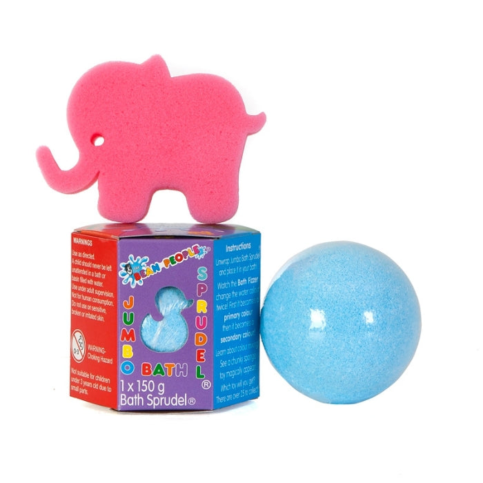 Blue Jumbo Bath Bomb Sprudel beside its box with a pink elephant sponge toy