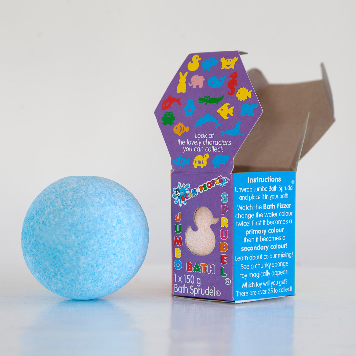 Blue Jumbo Bath Bomb Sprudel next to its open purple box