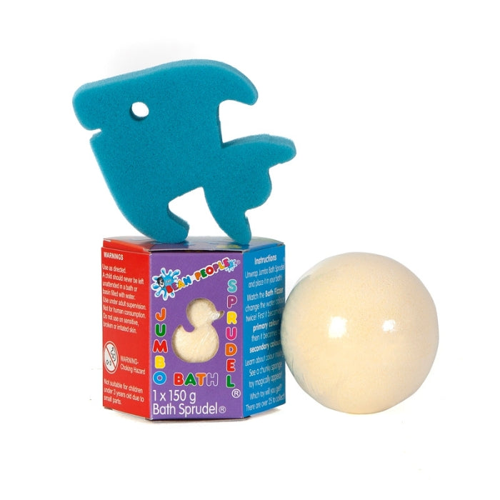 Yellow Jumbo Bath Bomb Sprudel beside its box with a blue fish sponge toy
