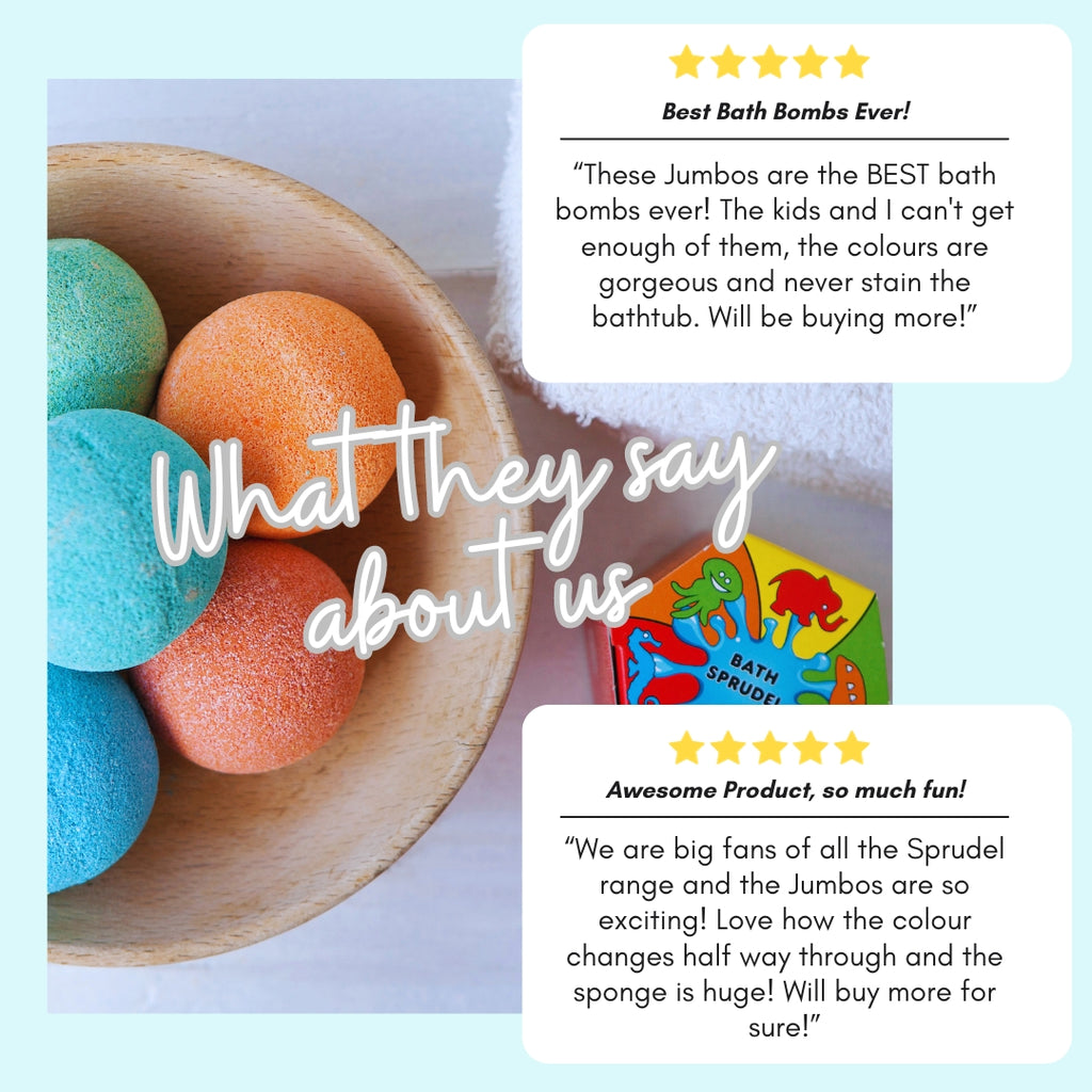 Two five-star customer reviews of Jumbo Bath Bomb Sprudels beside colourful bath bombs