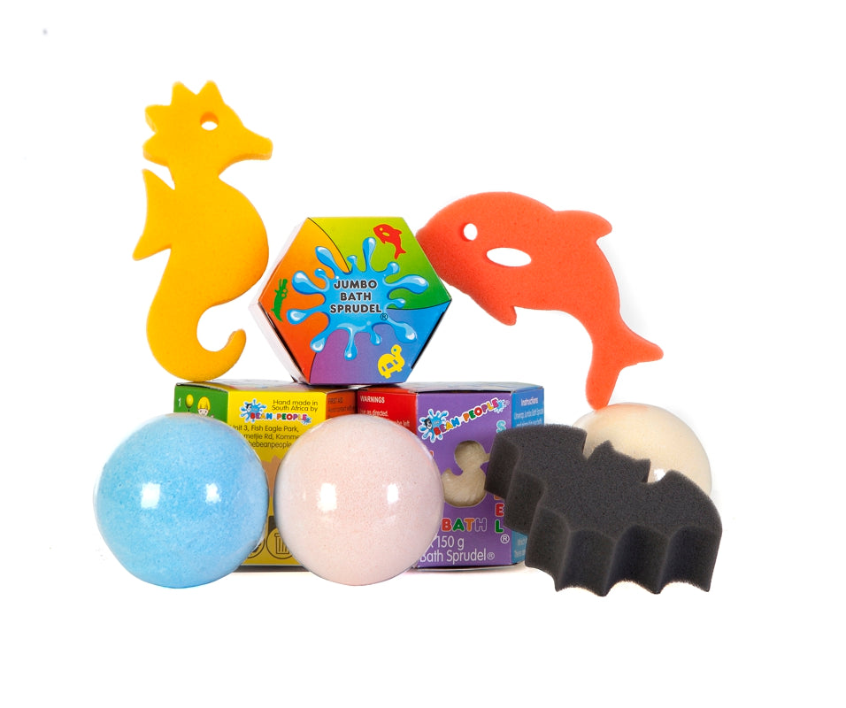 Jumbo Bath Bomb Sprudels with seahorse, dolphin and bat sponge toys