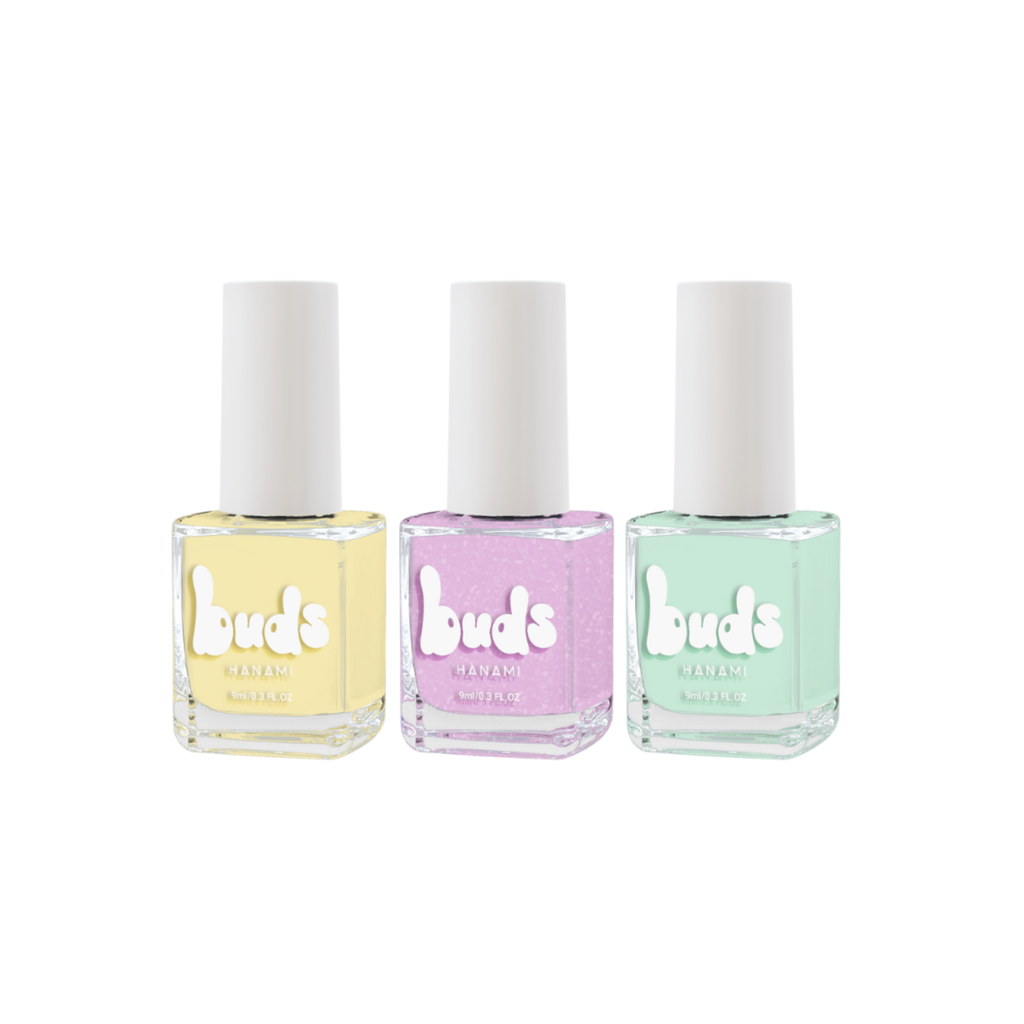 Popcorn, Potion and Minty pastel Buds kids nail polish bottles on a white background