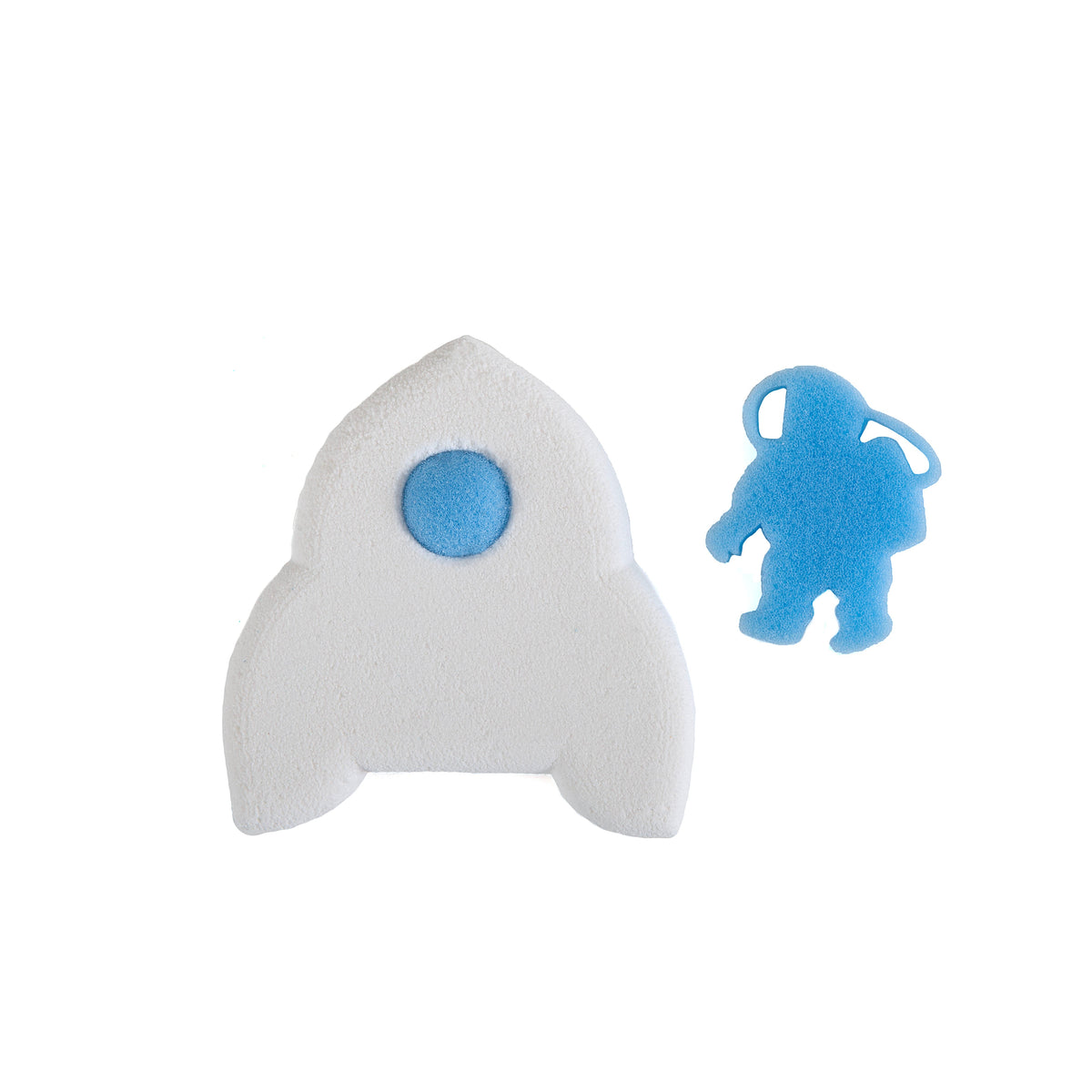Rainbow Rocket Sprudel, a rocket-shaped bath bomb, with a blue space-themed sponge toy