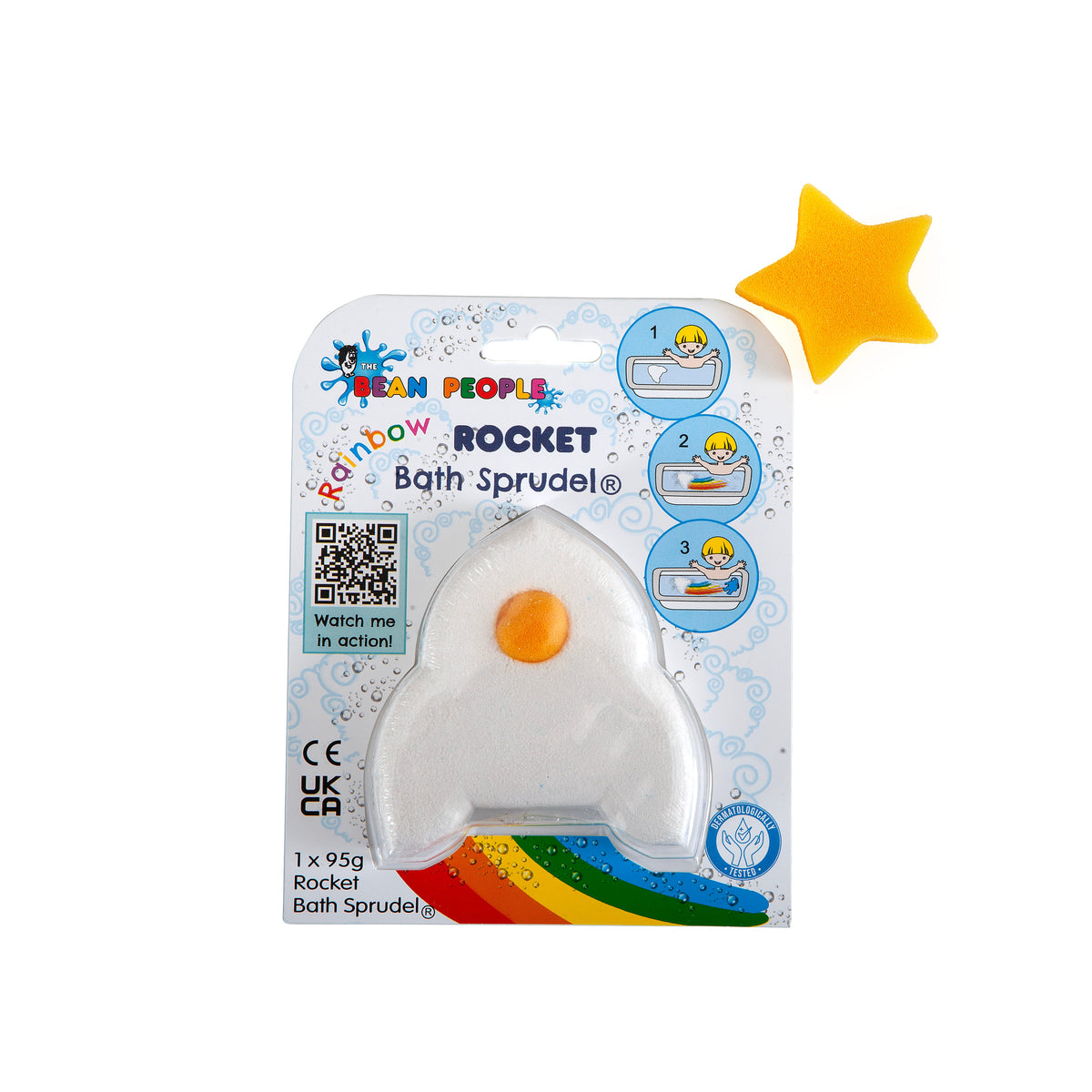 Rainbow Rocket Sprudel in its packaging with a yellow star sponge toy