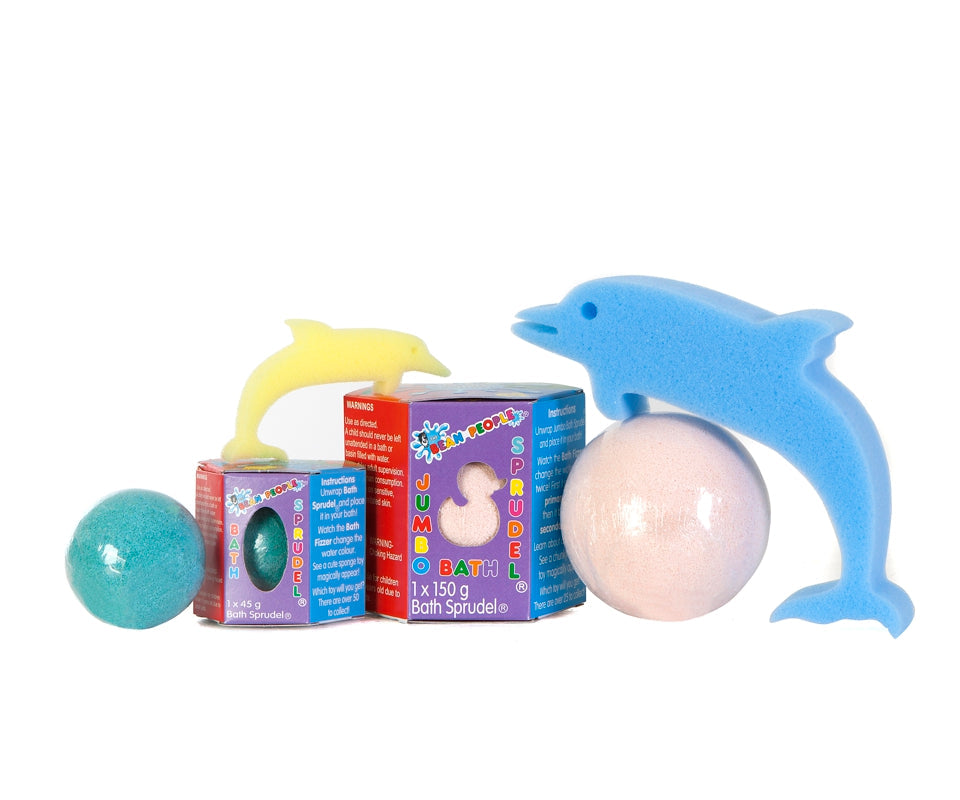 Jumbo and single Bath Bomb Sprudels beside their boxes with dolphin and duck sponge toys