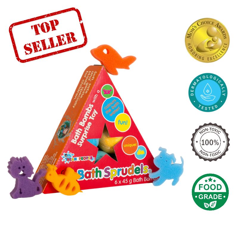 Kids Bath Bomb Sprudels 6 pack with award badges and surprise sponge toys