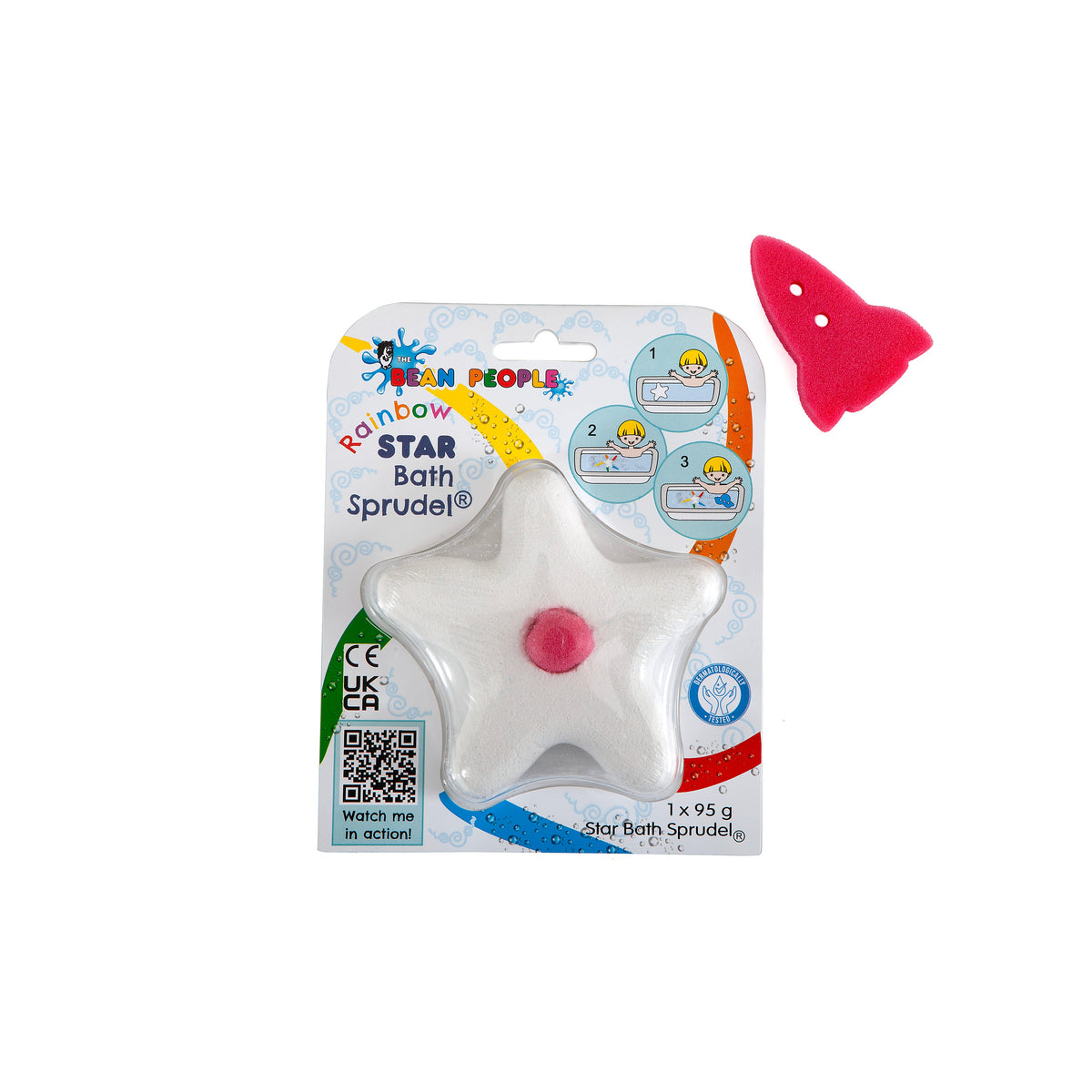 Rainbow Star Sprudel in its packaging with a red rocket sponge toy