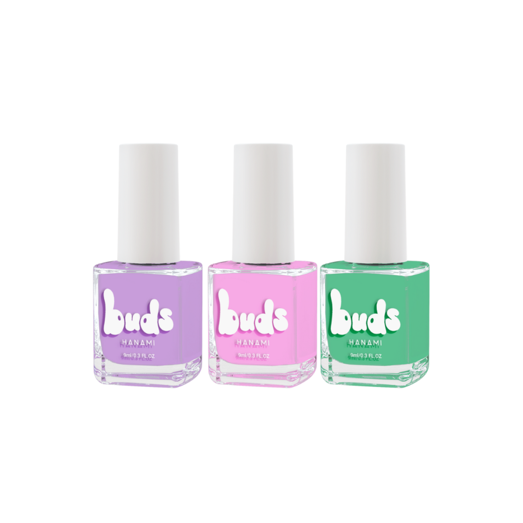 Buds Twist trio of kids nail polishes in purple, pink and green