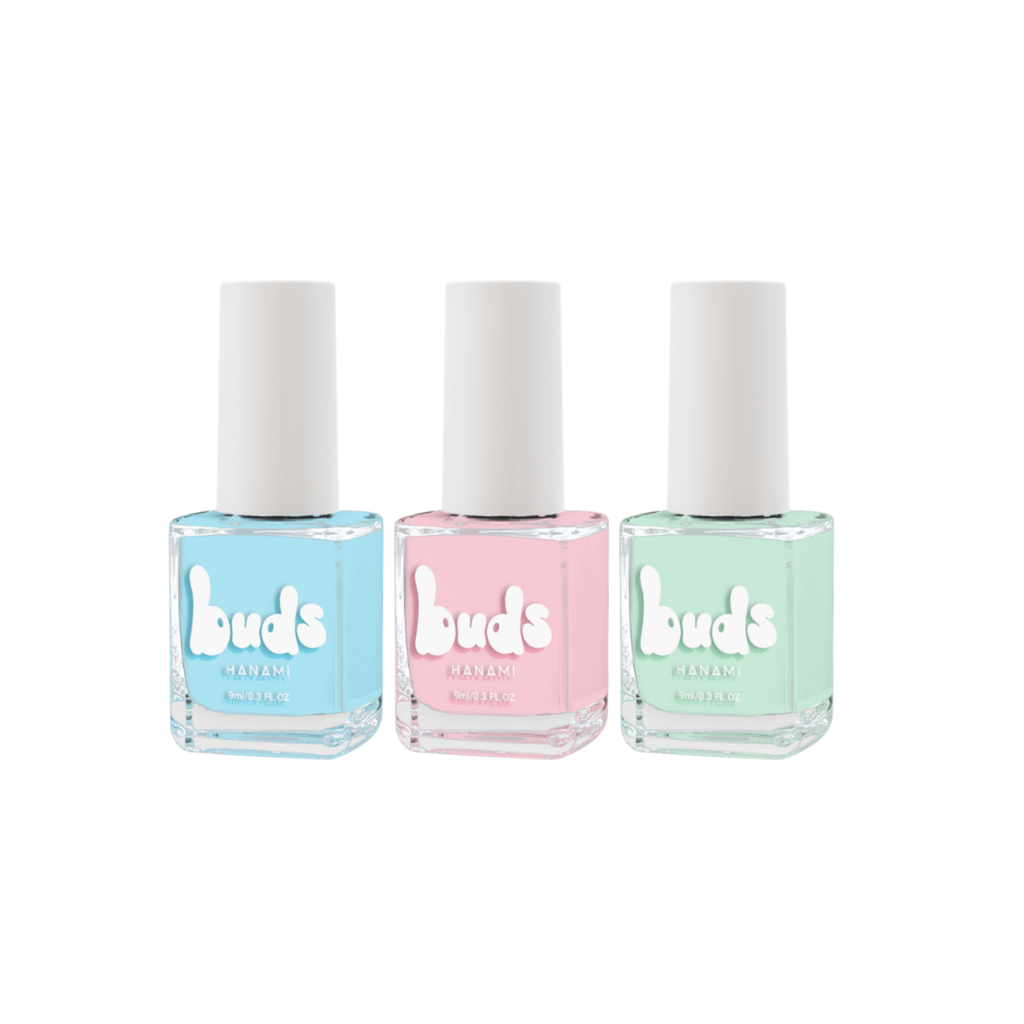 Buds Wink trio of kids nail polishes in pastel blue, pink and mint green
