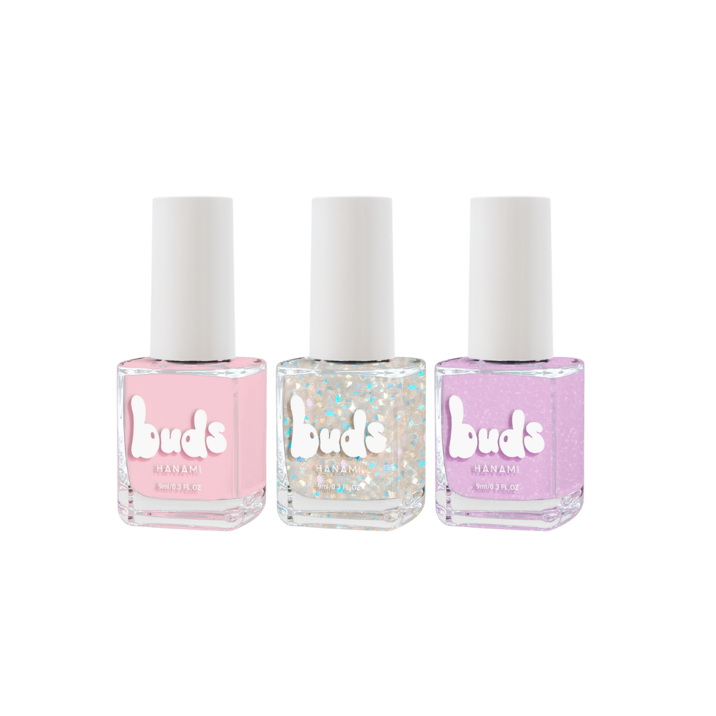 Buds Wish trio of kids nail polishes in pink, glitter and purple