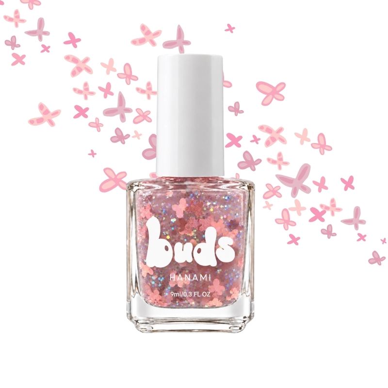 Butterfly pink glitter Buds kids nail polish bottle with pink butterflies