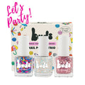 Buds Let's Party nail polish trio box with confetti, clear glitter and pink glitter polishes