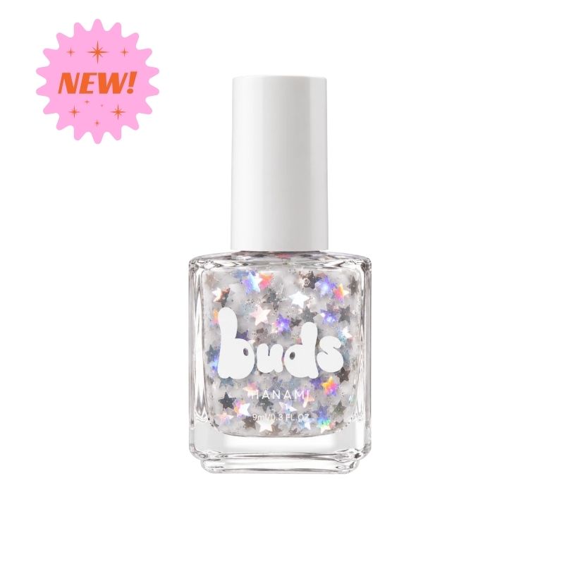 Twinkle Buds kids nail polish bottle with silver star glitter in a clear base