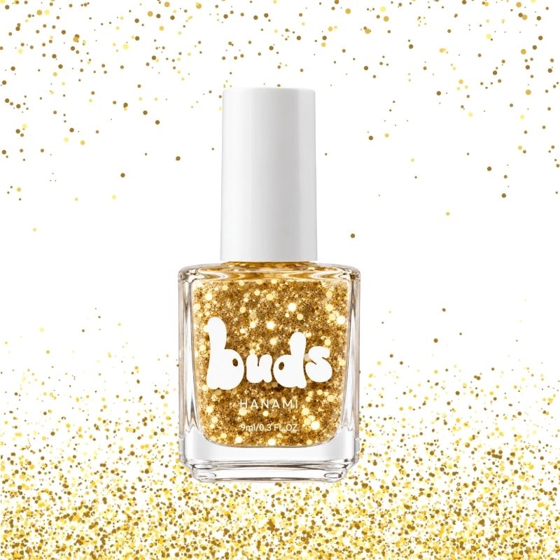 Lucky gold glitter Buds kids nail polish bottle surrounded by gold sparkles