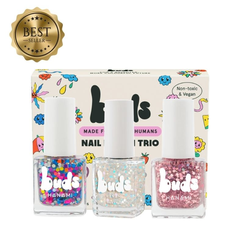 Buds Let's Party Trio kids nail polish gift box with confetti, clear glitter and pink glitter bottles