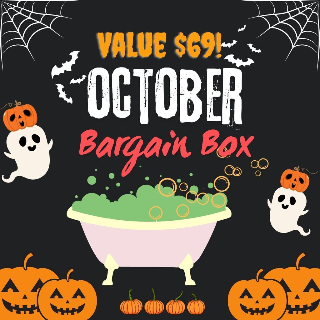 October Halloween Bargain Box graphic with a bathtub and pumpkins