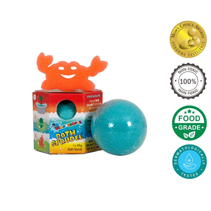 Blue bath bomb with packaging and certification logos including moms choice award winning logo on a white background